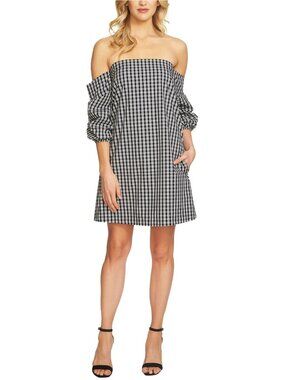 1.STATE Gingham Off-the-Shoulder Puff Sleeve Mini Dress Black and White Size S